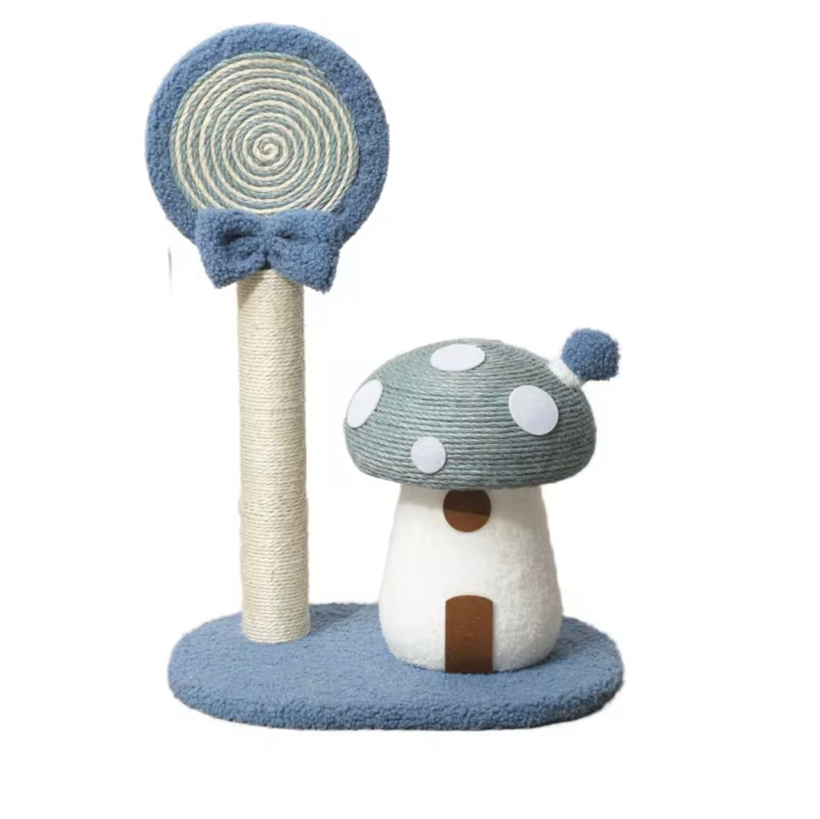 whimsical blue mushroom-themed cat scratching post made with natural sisal rope and soft flannel.