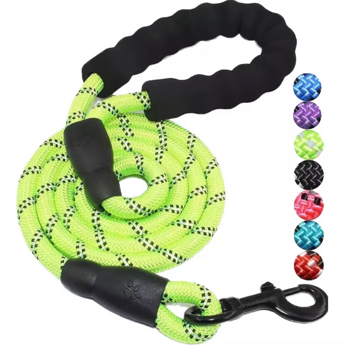 5-foot braided nylon rope dog leash featuring a padded handle and reflective threads for nighttime visibility