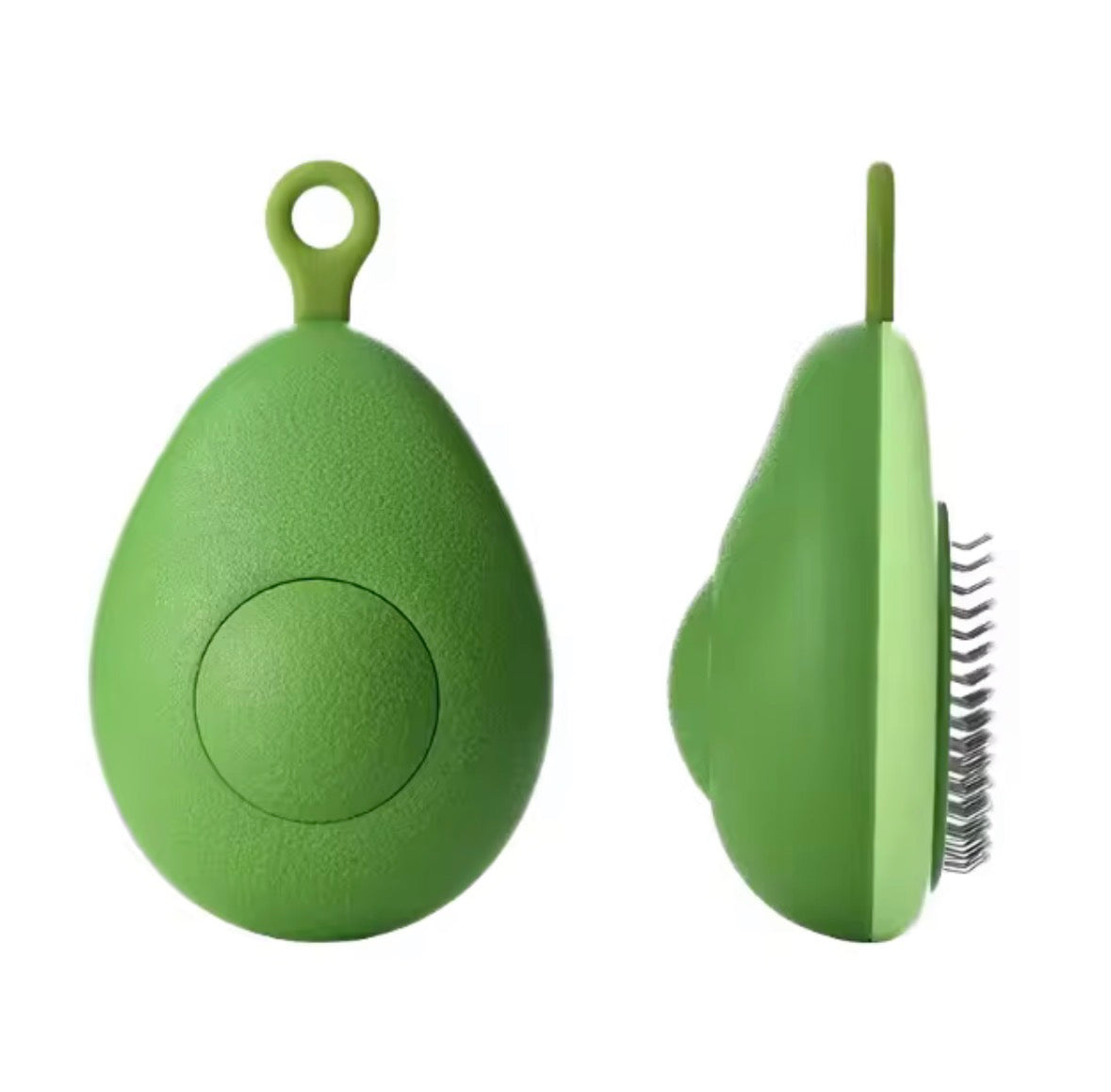 avocado-shaped 2-in-1 pet grooming brush designed for de-shedding and massaging dogs and cats.