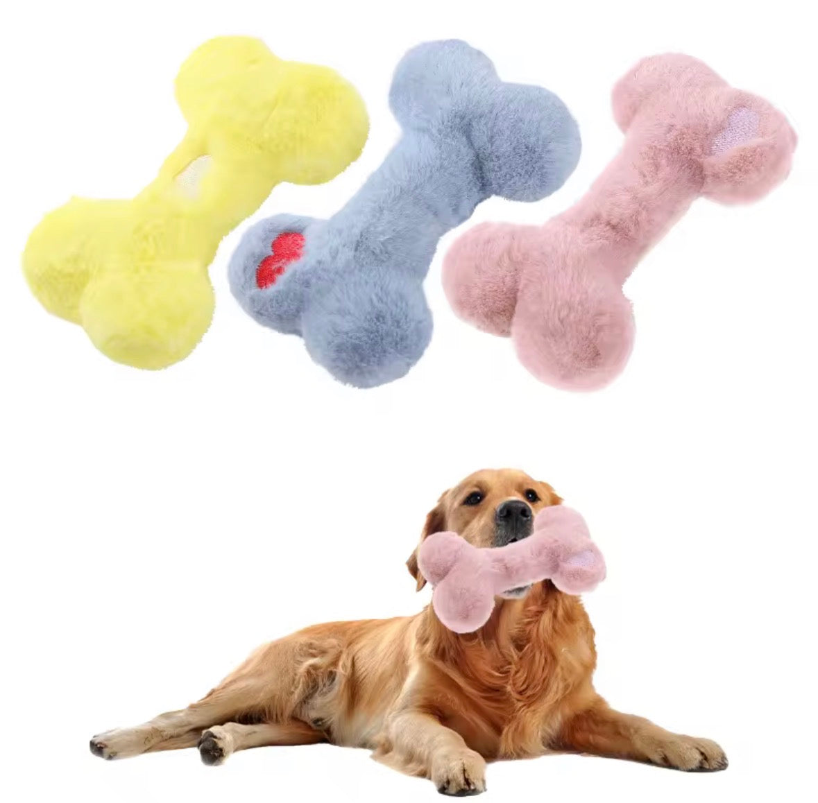 Funny Bone Squeaky Plush Dog Toys available in yellow, blue, and pink