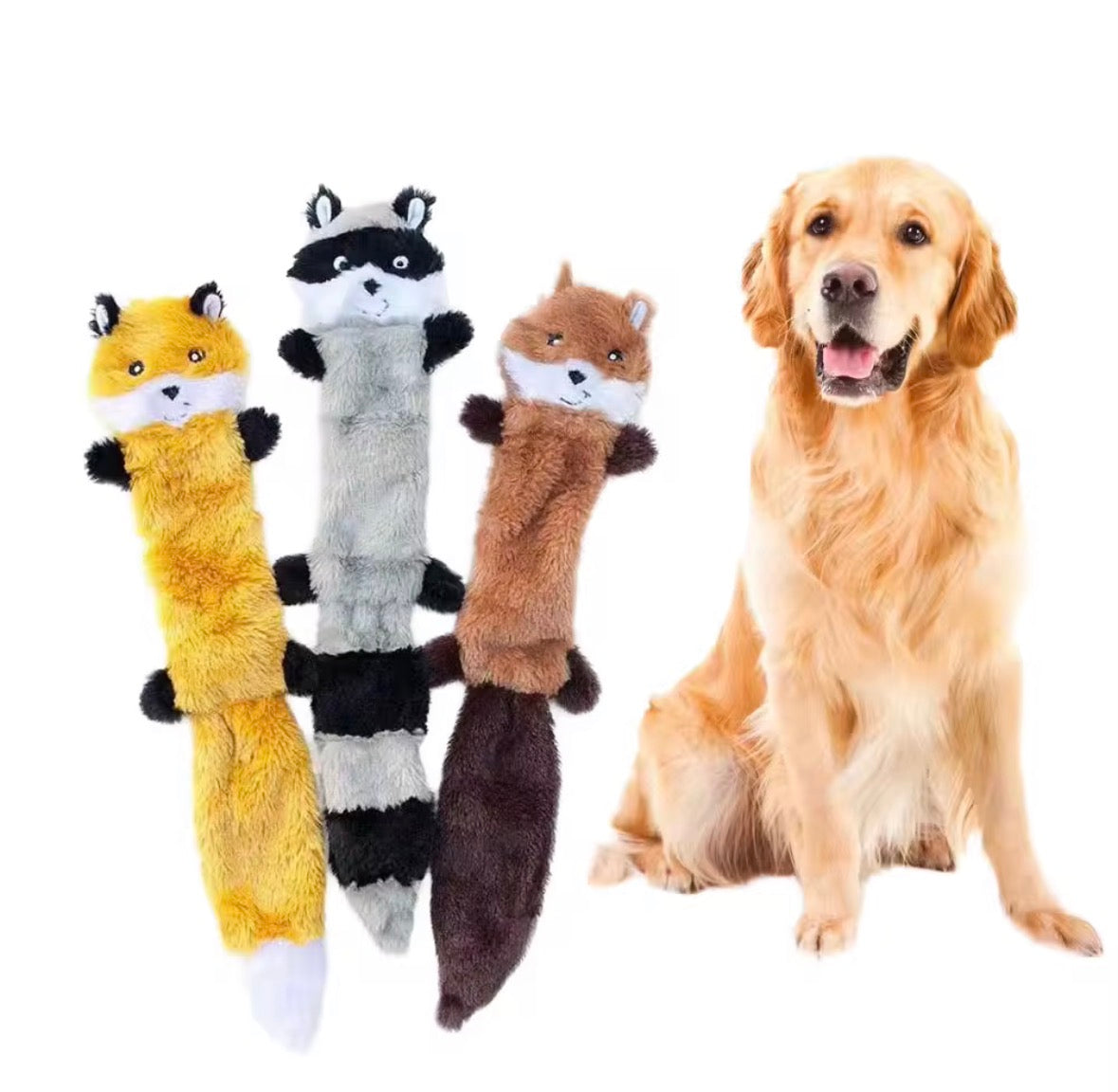 ZippyPaws Skinny Peltz 3-pack large, unstuffed squeaky dog toy featuring a fox, raccoon, and squirre