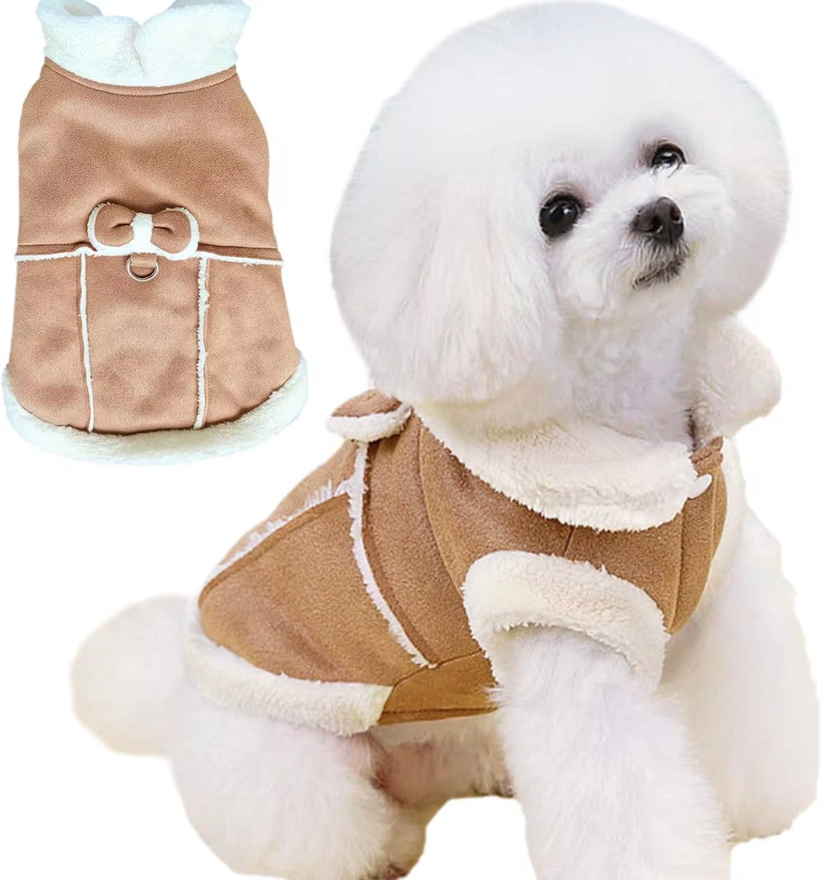 Jecikelon brand beige suede winter coat for small dogs featuring a white fleece lining, turtleneck collar, and decorative bow tie.