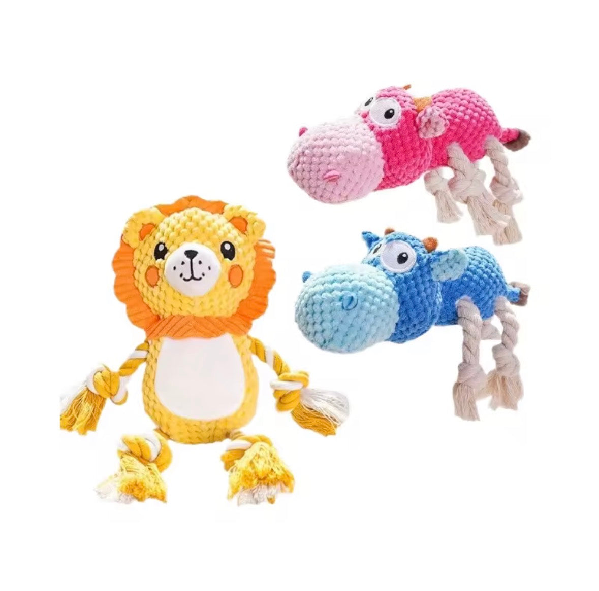 These are plush and rope cartoon animal squeaky toys for pets