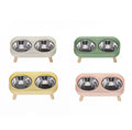 beige and wooden elevated pet double diner with removable stainless steel bowls.