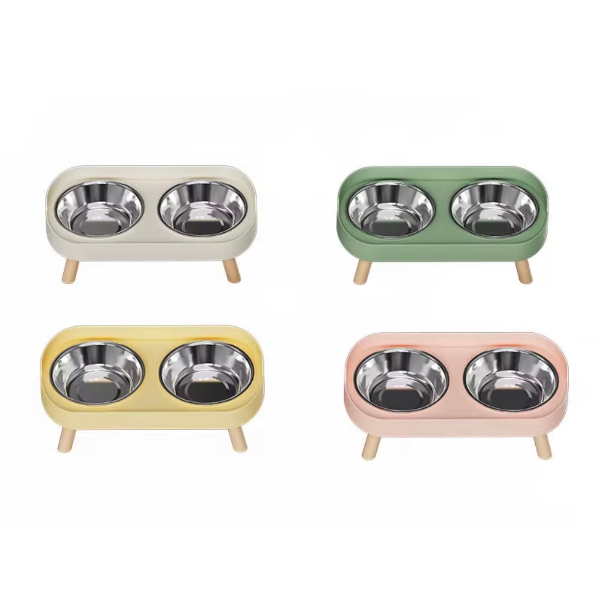 beige and wooden elevated pet double diner with removable stainless steel bowls.