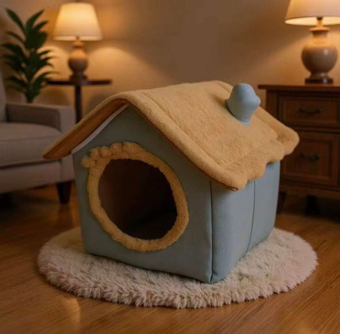 enclosed AoMige cat house and dog bed with a removable, washable cushion for pets