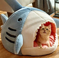 shark-shaped soft plush pet cave bed designed for small pets.