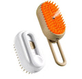3-in-1 electric steamy pet grooming brush, featuring a rechargeable design with a khaki handle and orange silicone bristles.