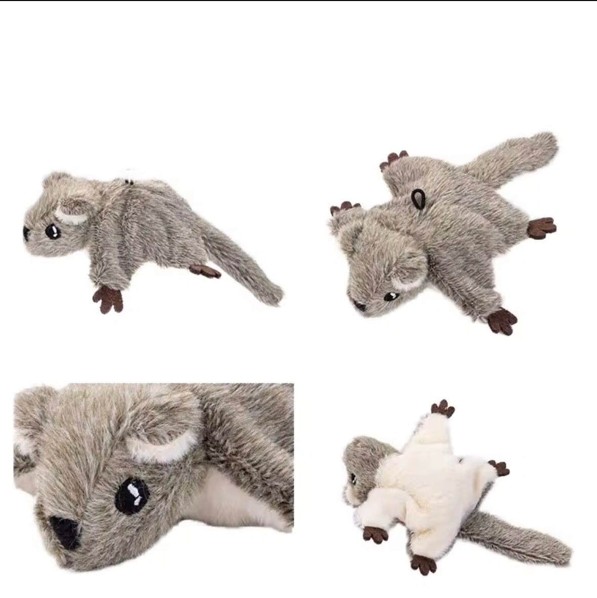 This is a plush flying squirrel cat toy with gray fur.