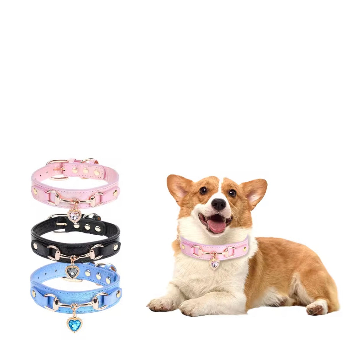 Temu Pu Leather Heart Pendant Pet Collars available in pink, black, and blue