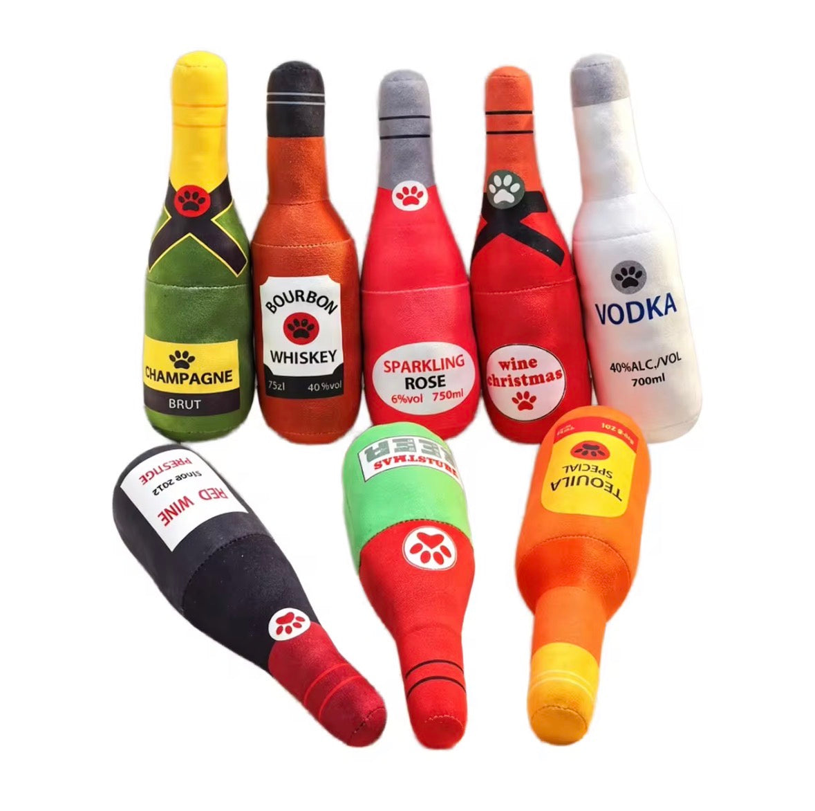 plush, squeaky bottle-shaped toys designed for dogs and cats, featuring various liquor and wine brand parodies.