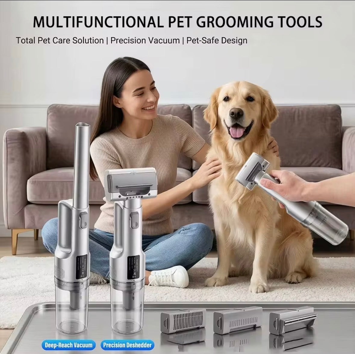 wireless handheld pet grooming tool being used to brush a golden retriever