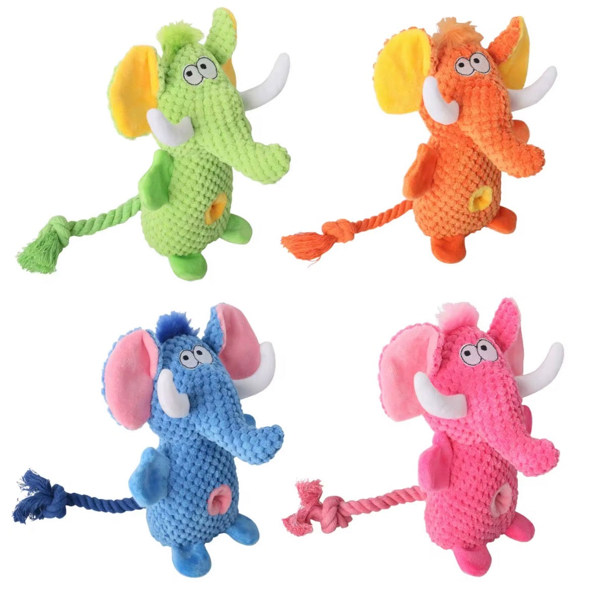 Silly Snouts Elephant Treat-Hiding Plush dog toys available in vibrant colors.