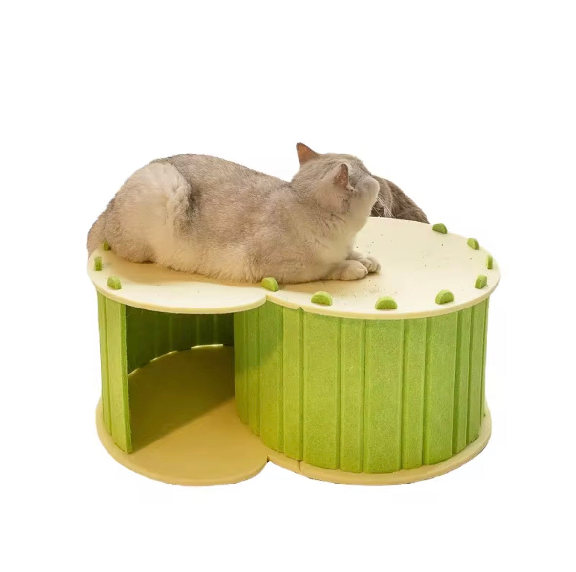 green felt cat tunnel bed featuring a detachable, two-layer design for playing and resting.