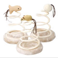interactive cat teaser toys featuring a linen or fabric mouse, fish, or ball attached to a bouncy metal spring coil with a plush base