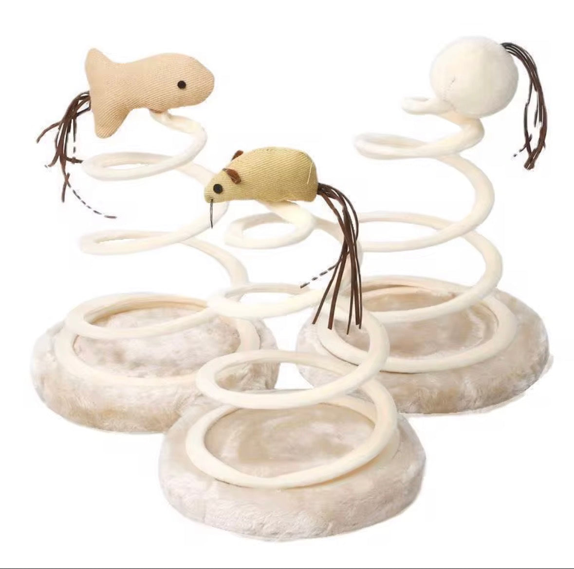 interactive cat teaser toys featuring a linen or fabric mouse, fish, or ball attached to a bouncy metal spring coil with a plush base