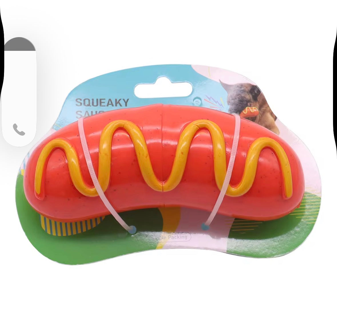 hot dog-shaped squeaky dog toy made from durable rubber.