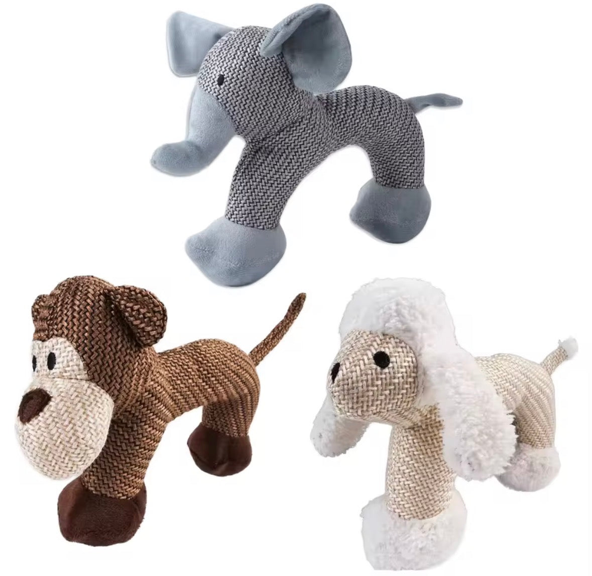 grey plush elephant squeaky dog toy made of textured, pet-safe fabric