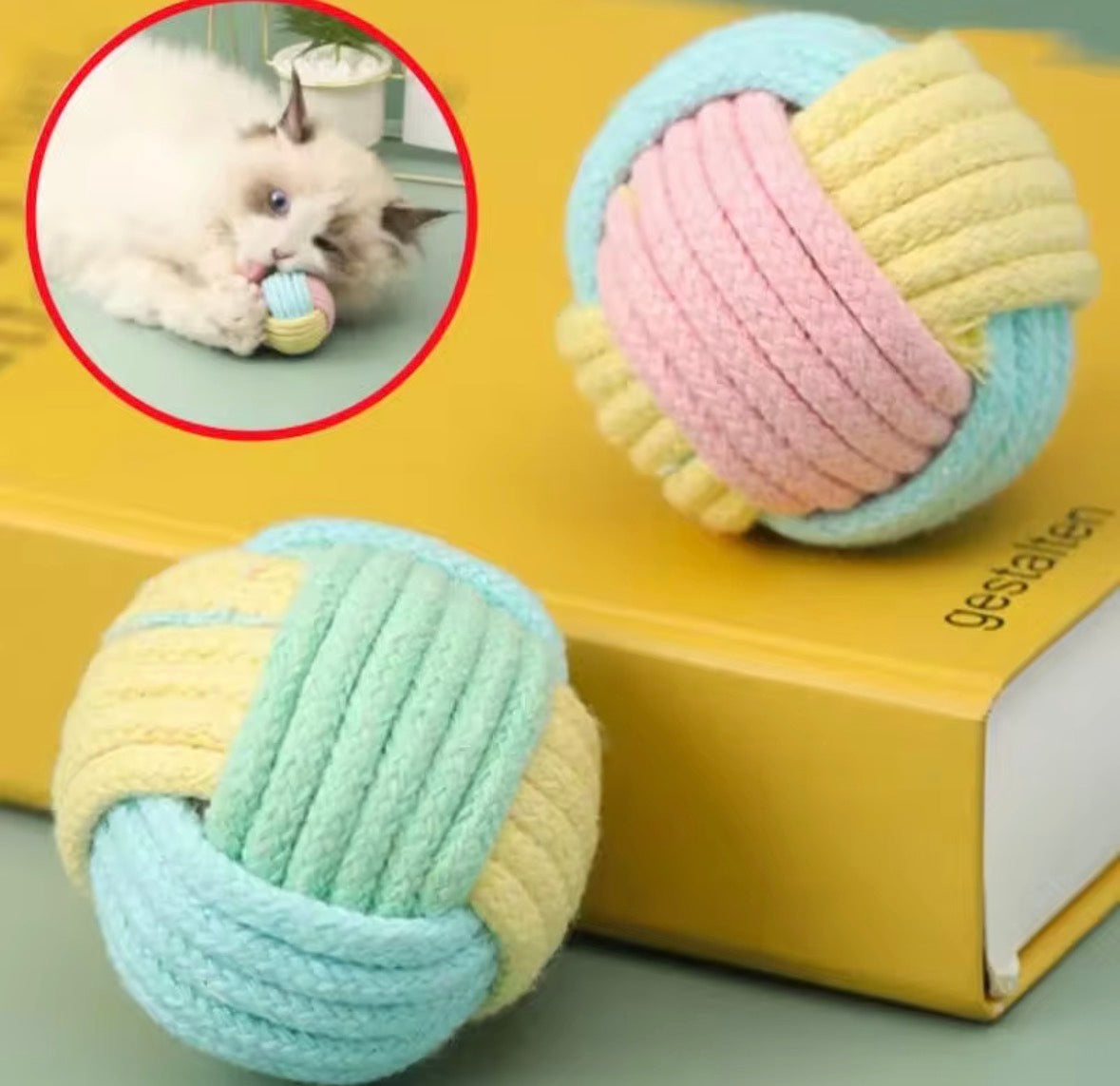 These are cotton rope cat toy balls featuring a macaron-inspired color palette.