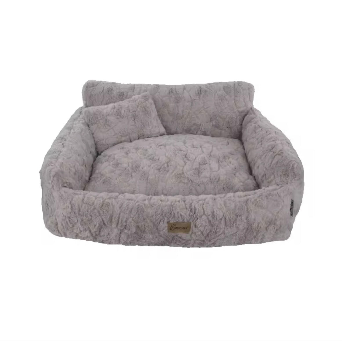 This is a plush grey cuddler pet bed