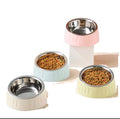 These are colorful stainless steel pet bowls with an elevated, tilted design.