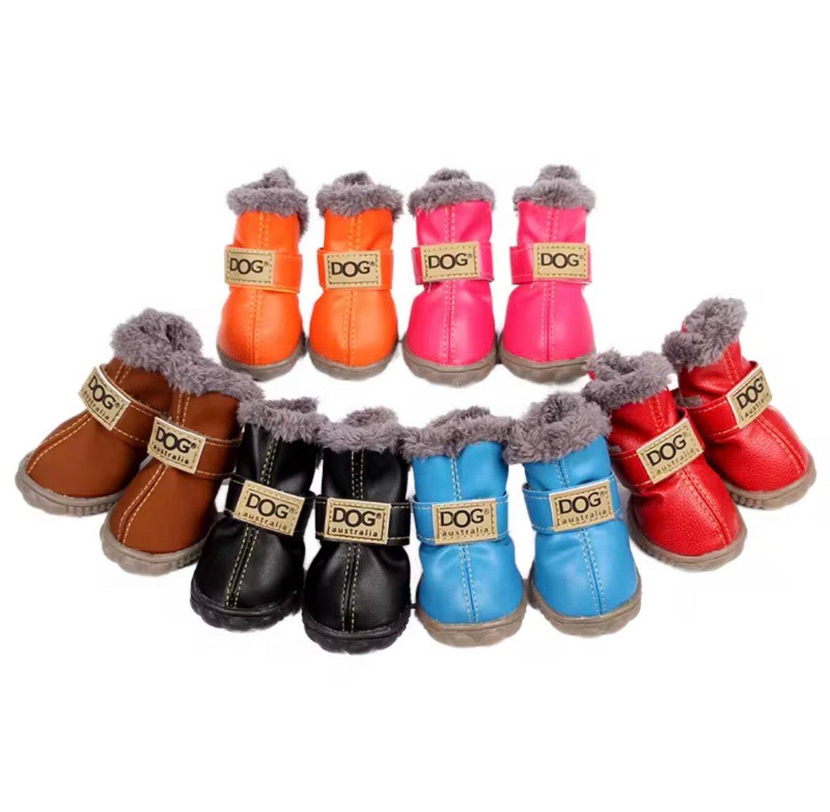 colorful, faux-fur lined dog boots with anti-slip soles designed to protect pet paws from extreme temperatures and harsh surfaces.