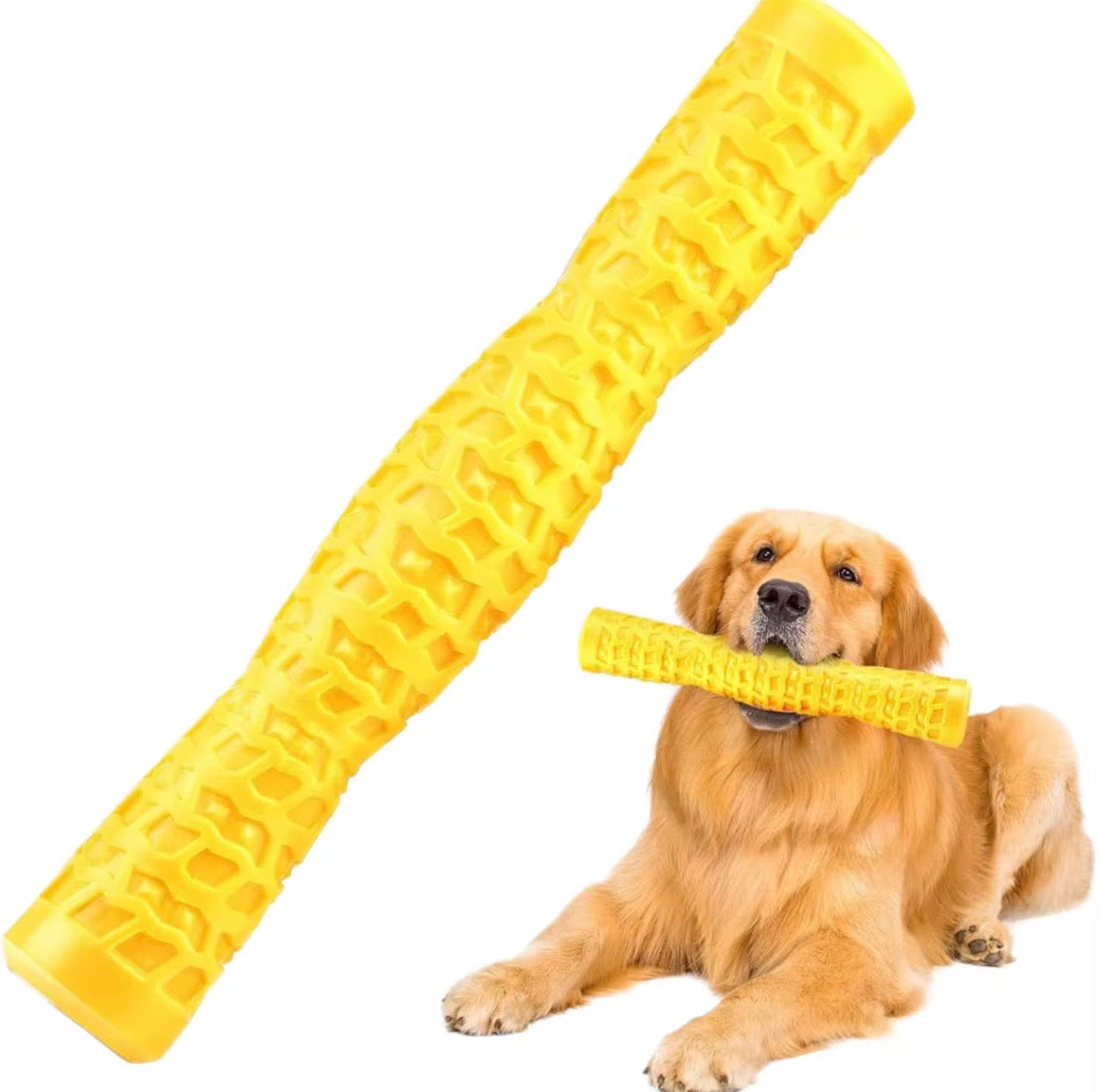 yellow rubber dog chew toys featuring a textured, tire-like surface pattern for dental health.