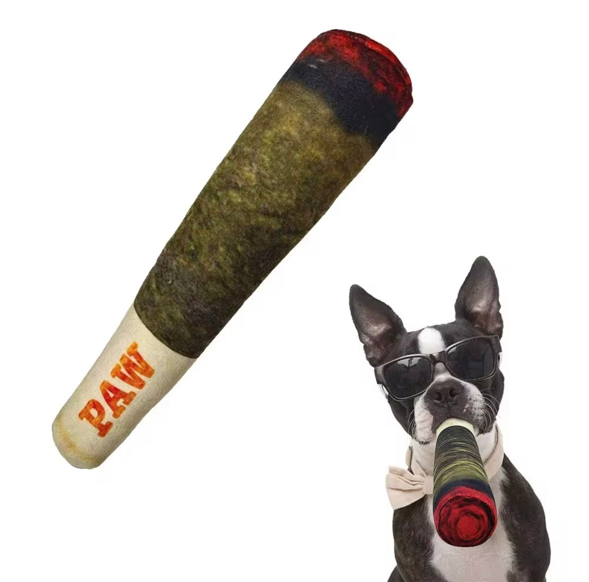novelty plush squeaky dog toy shaped like a joint, commonly sold under names such as "Doggy Doobie" or "Paw Cigar".